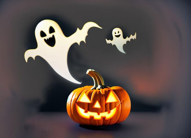 Хэллоуинская тыква светящаяся и призрак летающий на темном фоне