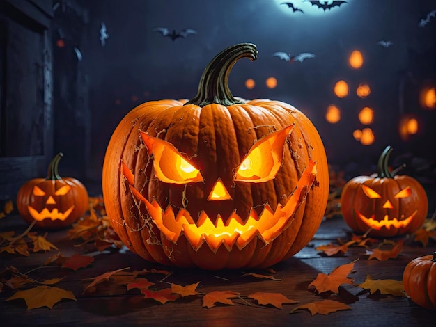 Halloween pumpkin glowing jack o'lantern at night in forest bats haunted castle This photo was generated using Leonardo AI
