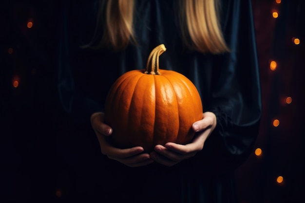 Halloween pumpkin in the hands of a girl in a black dress