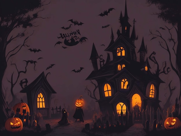 Хэллоуинская тыква, дом с привидениями на кладбище.