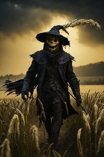 Photo halloween pumpkin head creature in a wide wheat field with the moon on a scary night