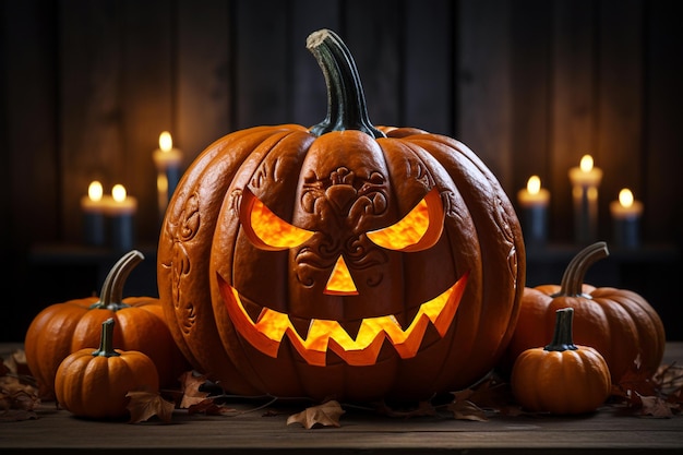 Halloween pumpkin head jack lantern with burning candles on dark wooden background