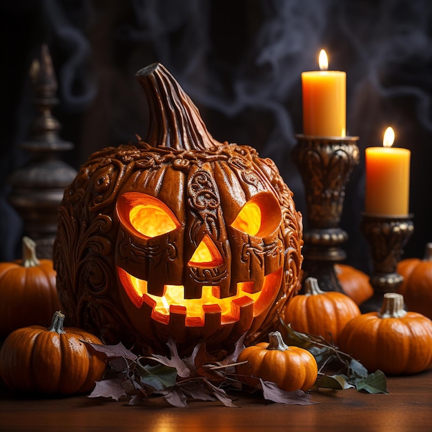 Halloween pumpkin head jack lantern with burning candles