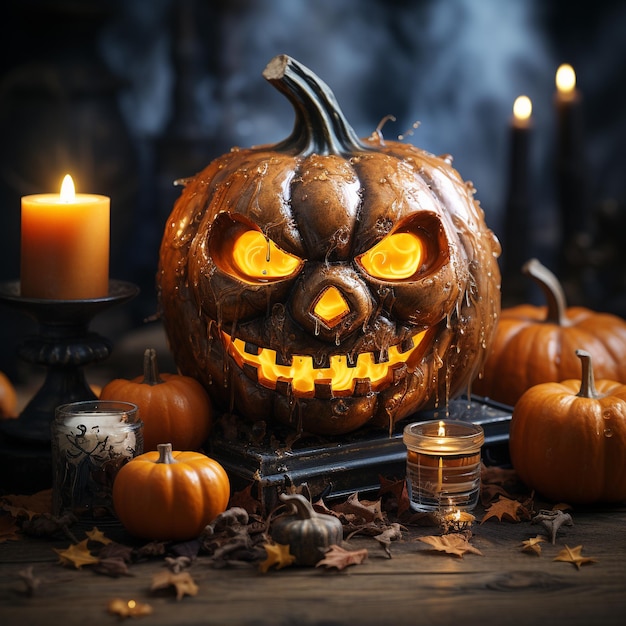 Halloween pumpkin head jack lantern with burning candles