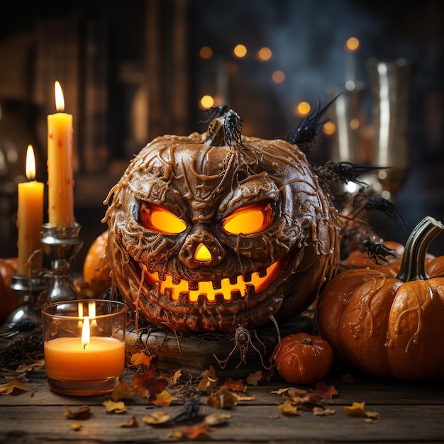 Halloween pumpkin head jack lantern with burning candles