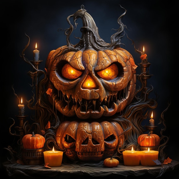 Halloween pumpkin head jack lantern with burning candles