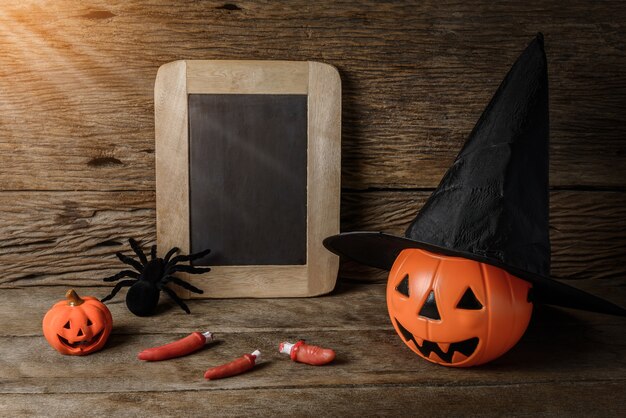 Halloween pumpkin head jack lantern with Chalk board and Witch hat