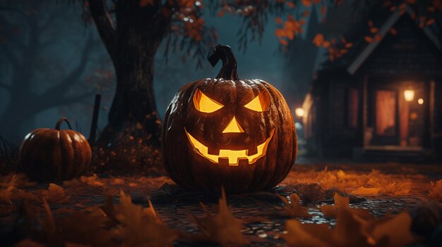 Halloween pumpkin head jack lantern with scary evil faces spooky holiday generative ai