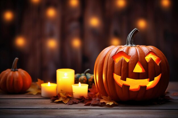 Halloween pumpkin head jack lantern on wooden background