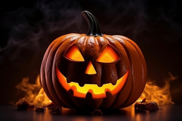 Halloween pumpkin head jack lantern on wooden background
