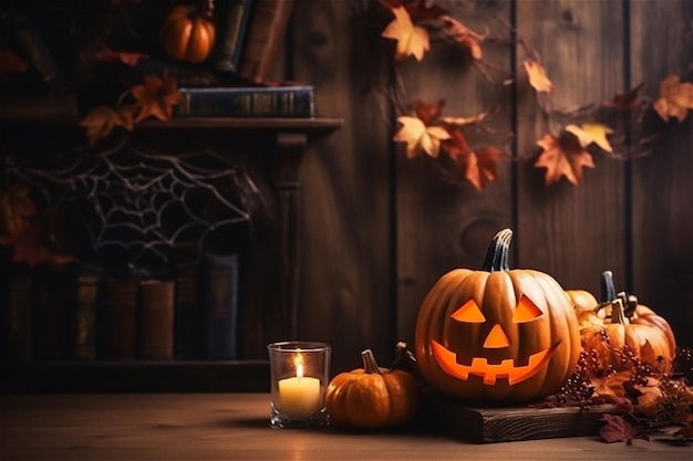 Halloween pumpkin head jack lantern on wooden background