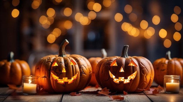 Halloween Pumpkin head jack lantern on wooden plank with burning candles on blurred background