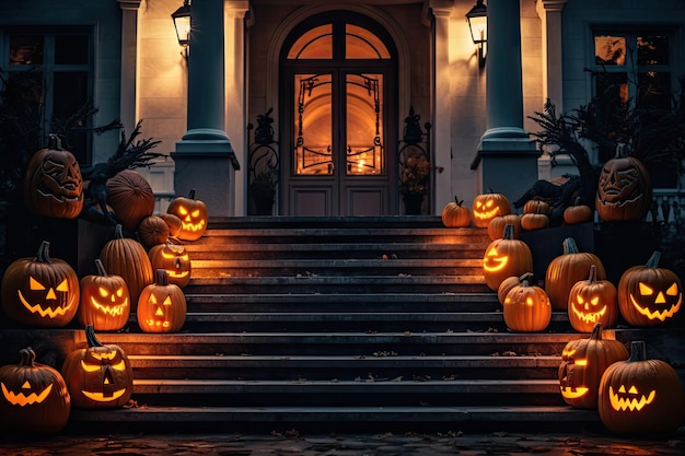 Halloween pumpkin head jack lanterns on white background banner design