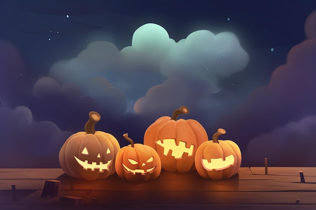 Хэллоуин тыквенная голова jack o lantern с светящимся лицом на заднем плане деревянного стола