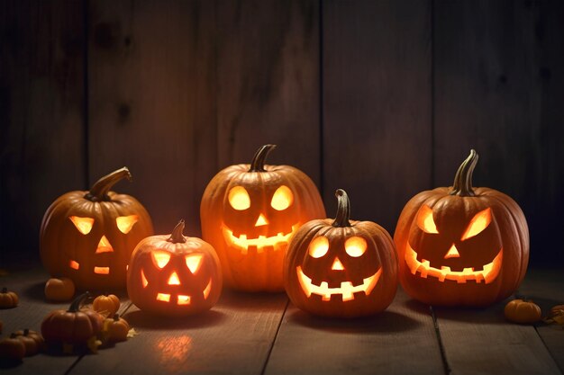 Halloween pumpkin head jack o lantern with glowing face on wooden table backgeound