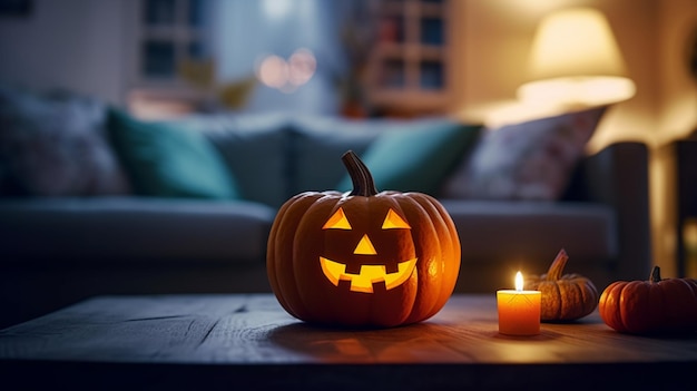 Photo halloween pumpkin head jack o lantern on wooden table in living roomgenerative ai