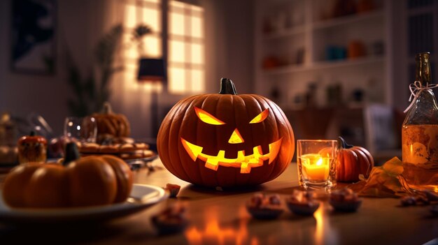 ハロウィーン・パンキン・ヘッド・ジャック(Halloween pumpkin head jack o lantern on wooden table in living room)はリビングルームの木製のテーブルの上のランターンです