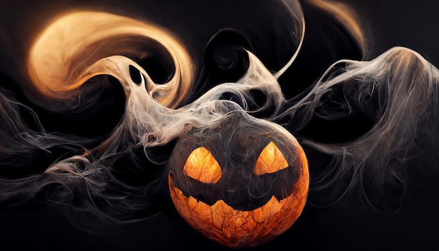 Halloween pumpkin horror and smoke in dark background creepy and scary concept digital art design