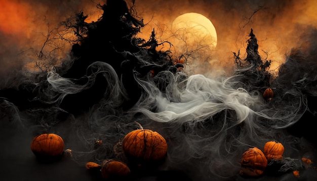 Photo halloween pumpkin horror and smoke in dark background creepy and scary concept digital art design