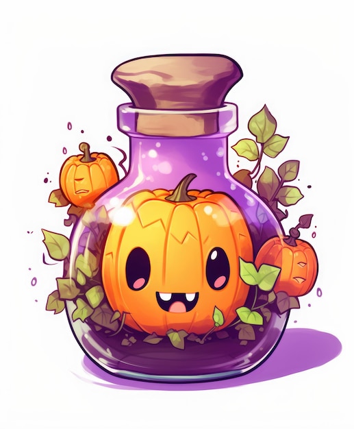 A Halloween Pumpkin inside a poison bottle white background