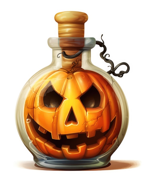 A Halloween Pumpkin inside a poison bottle white background