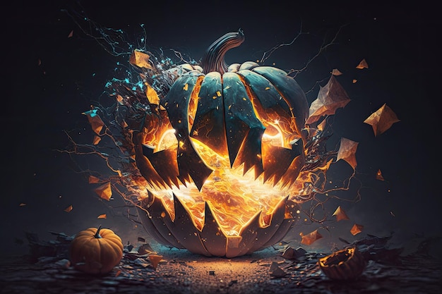 Halloween pumpkin its pieces held together by strands of magic casting soft pulsating light