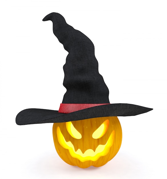 Foto zucca di halloween, jack o'lantern, indossando il cappello della strega isolato su sfondo bianco