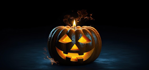 Хэллоуин тыква Jacko'Lantern со светом на черном фоне Generative AI