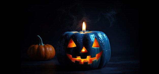 Хэллоуин тыква Jacko'Lantern со светом на черном фоне Generative AI