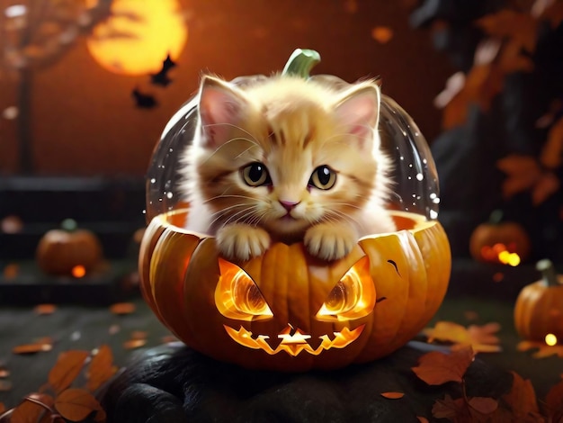 黒い木の背景にハロウィーンのカボチャのジャコランタンと生姜の子猫