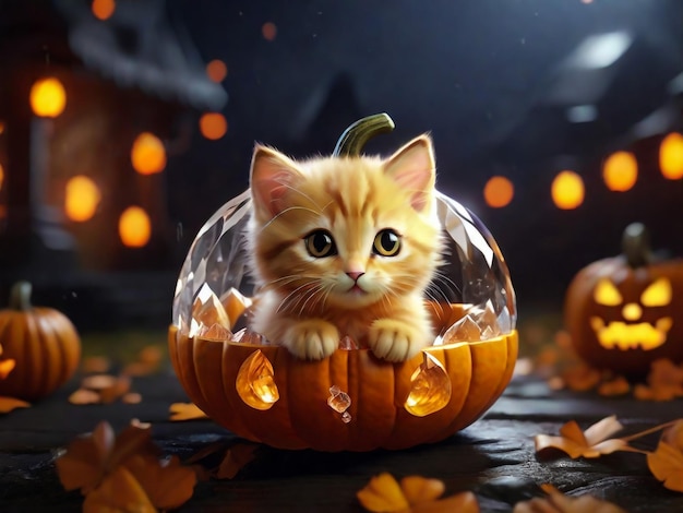 黒い木の背景にハロウィーンのカボチャのジャコランタンと生姜の子猫