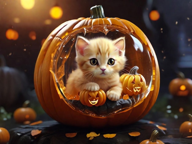 黒い木の背景にハロウィーンのカボチャのジャコランタンと生姜の子猫