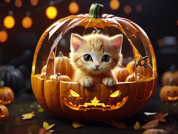 halloween pumpkin jackolantern and ginger kitten on black wood background