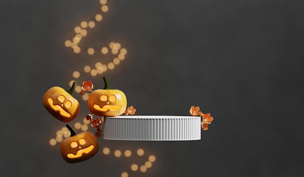 Lanterna della zucca di halloween e rendering 3d del podio dell'esposizione del prodotto