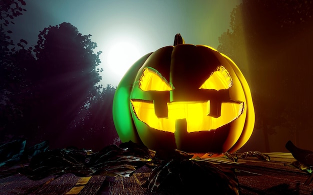 Lanterna di zucca di halloween con foglie secche rendering 3d