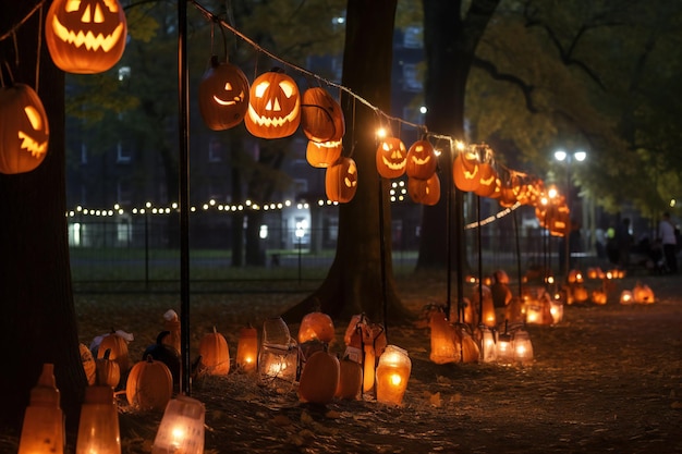 Foto lanterne di zucca di halloween nel parco di notte concetto di halloween