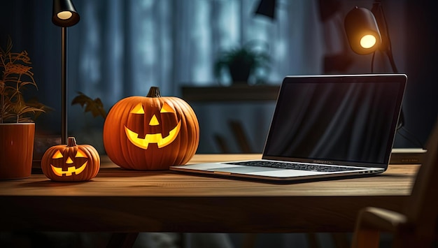 Photo halloween pumpkin lighting with laptop on the table in the style of eerily realistic