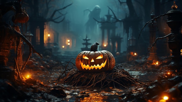 Halloween Pumpkin In A Mystic Forest At Night Generative AI