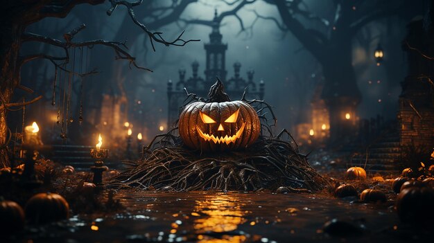 Halloween Pumpkin In A Mystic Forest At Night Generative AI