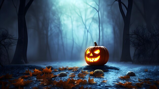 Halloween Pumpkin In A Mystic Forest At Night