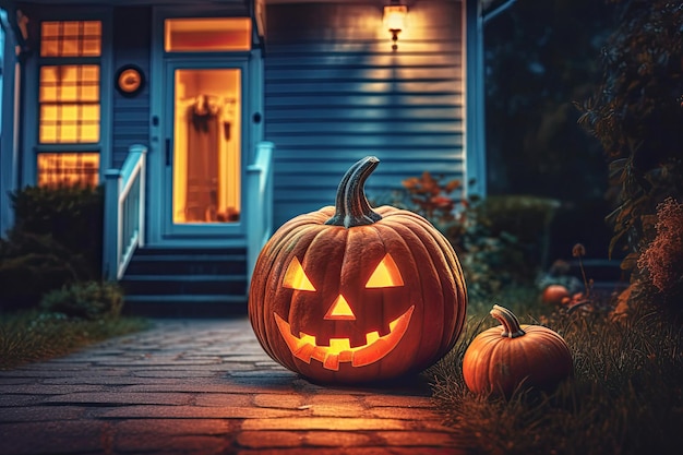 Halloween pumpkin near the house at night Generative AI