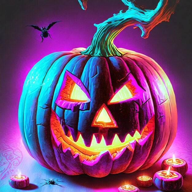 Halloween pumpkin on neon background