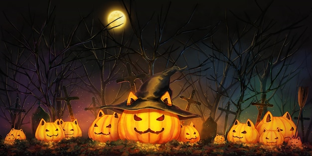 Halloween pumpkin in night forest.