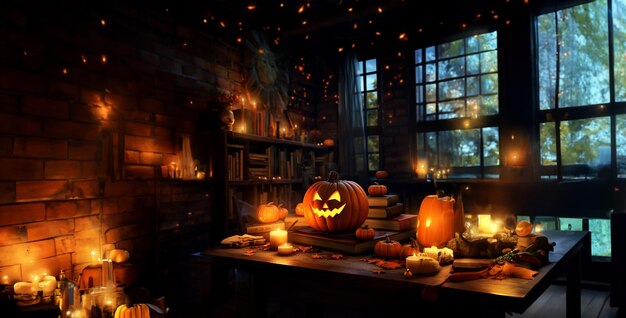 写真 ハロウィーン・パンプキン (halloween pumpkin) はハロウィーンの夜のテーブルの上に置かれています 暖かくても寒いハロウィーンシーンで光で暗くなっています