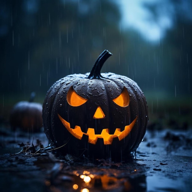 Premium AI Image halloween pumpkin in the rain