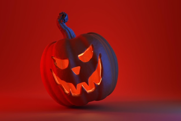 Halloween pumpkin on red background Levitation A pumpkin with a carved scary face 3D render