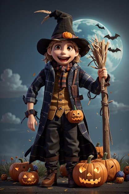 halloween pumpkin scarecrow on a wide field with the moon on a scary night