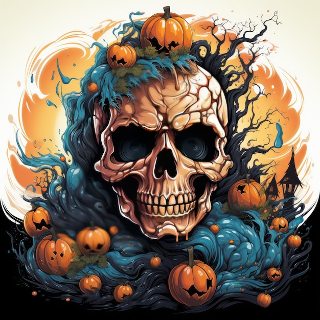 Halloween pumpkin scary skeleton face vector style