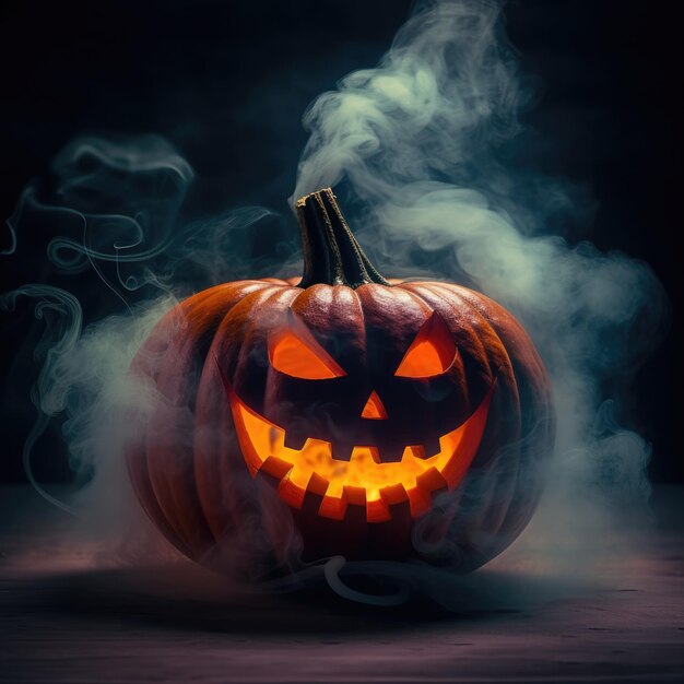 Halloween pumpkin scary with foggy atmosphere and smoke cinematic