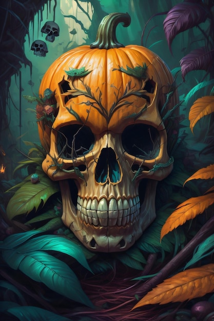 Halloween pumpkin in the shape of a skull in the forest